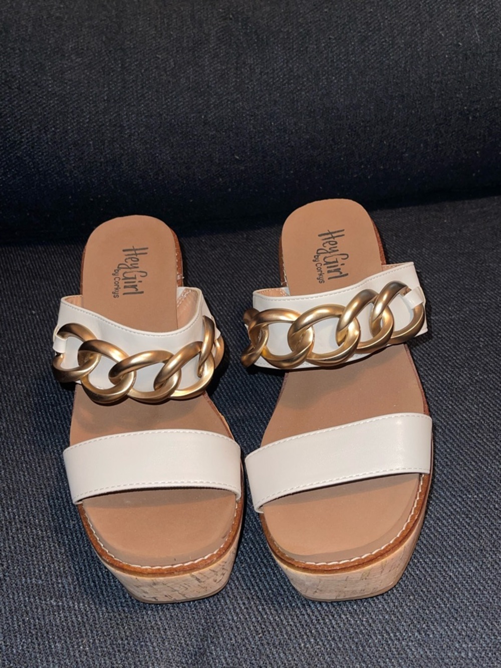 Hey Girl by Corkys White Platform Slide Sandals with Gold Chain